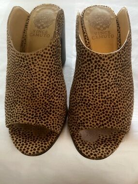 Vince Camuto Leopard Print Peep-Toe Mules in Tan and Dark Brown